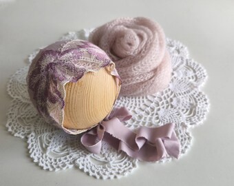 RTS Newborn knit wrap Newborn photography prop Mauve pink lace bonnet Newborn girl photo props Mauve photo props Light pink photography prop