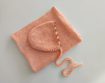 RTS Peach knit wrap Peach newborn bonnet Newborn knit wrap Peach bonnet with wooden beads Thick knit wrap bonnet set Wooden beads bonnet