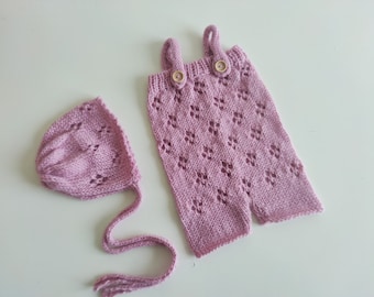 RTS Newborn lace romper Pink knit romper Newborn pants set Newborn photography prop for girls Pink romper set Newborn girl photo prop romper