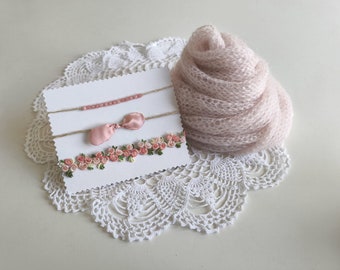 RTS Newborn photography prop Knit mohair wrap Blush pink photo props Light pink knit wrap Pale pink headband Newborn girl photo props