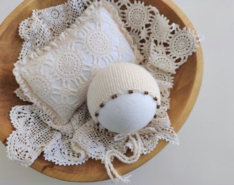 RTS Vinatage lace newborn layer Newborn photography. prop Posing pillow  prop Newborn beaded bonnet Basket stuffer Cream white photo props