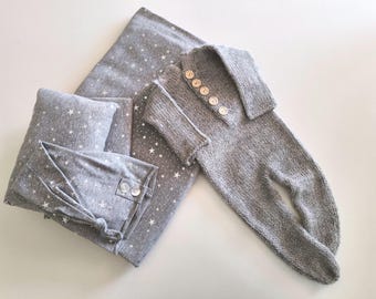 Conjunto de accesorios para fotografía de recién nacidos RTS de 5 piezas Fondo gris Fondo de tela Conjunto de mameluco para recién nacido gris Funda de puf con pequeñas estrellas Accesorios para recién nacidos