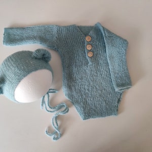 RTS Knit newborn body Long sleeved bodysuit Knit baby bear bonnet Newborn photography props Legless romper and bear bonnet Acqua green props