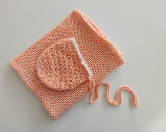 RTS Peach knit wrap Peach newborn bonnet Newborn knit wrap Peach bonnet with lace edge Thick knit wrap bonnet set Lace knit bonnet