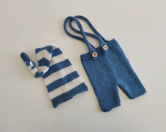 RTS Newborn pants set Newborn photography props boy photo pants Boy sleepy hat Knit pants with suspenders Newborn boy photography props