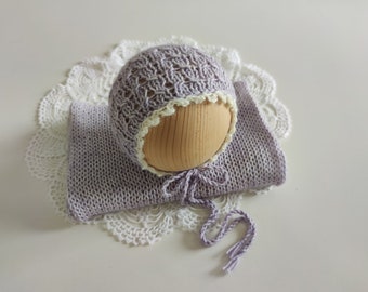 RTS Knit newborn wrap textured knit bonnet Lavender newborn wrap Stone washed cotton wrap set Thick knit newborn wrap and bonnet set Lilac