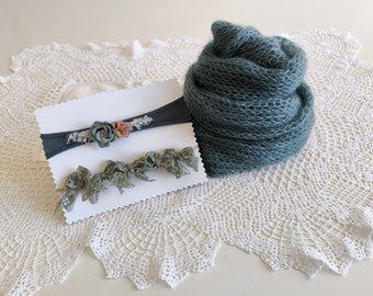 RTS Newborn photography prop Knit mohair wrap Petrol green photo props Emerald green knit wrap Moss green headbands Newborn girl photo props