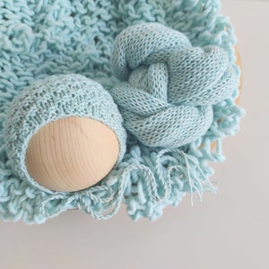 RTS Stretch knit newborn wrap and knitted bonnet set Thick knit newborn wrap Textured knit bonnet Light blue newborn wrap set.
