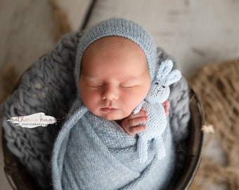 Alpaca Knit Newborn Wrap and Bonnet Set, Photo Prop