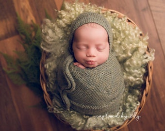 Knit newborn wrap Stretch knit newborn wrap Knitted ties bonnet Newborn girl photo props Newborn boy photo props green blue pink 50+ colours