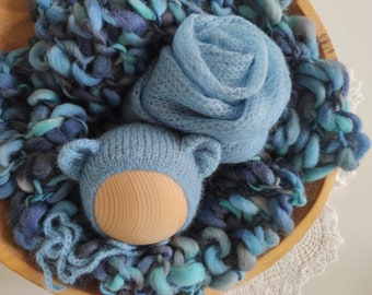 RTS Knit newborn blanket 3 pieces SET Newborn photography prop Blue mix blanket and hats Newborn knit bear bonnet Blue knit sleepy hat