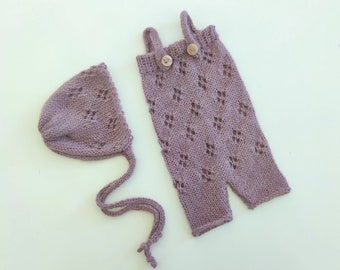 RTS Newborn lace romper Mauve knit romper Newborn pants set Newborn girl photography prop Mauve pink newborn romper Purple photo props