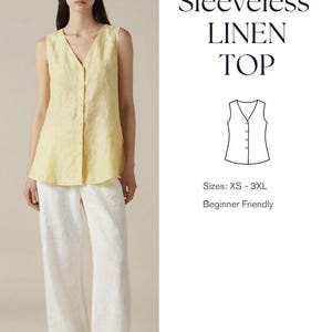 May include: A PDF pattern for a sleeveless linen top featuring a V-neckline and a front button closure. The image displays the finished yellow top worn with white trousers, a technical line drawing of the garment, and the text SMTales PDF PATERN.