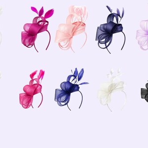 May include: A collection of nine fascinator headbands featuring sheer, looped fabric bows and upright feather accents. The headbands are available in various colours including white, magenta, light pink, navy blue, lavender, and black.