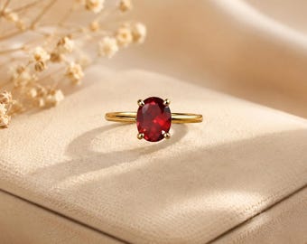 Oval Garnet Ring, January Birthstone, Sterling Silver, Classic Minimalist Jewelry