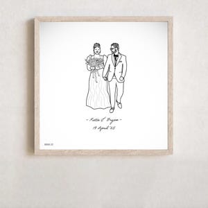 May include: A framed black and white line art illustration of a couple holding hands, with the person on the left holding a bouquet. Below the figures, the text reads - Katie & Bryan - 19 April '25. The artist name Abigail Lee is in the bottom left corner.