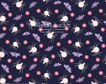 Halloween Spider Moth Floral Pattern, Spooky Gothic Digital Paper (Seamless Repeat)