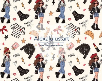 Parisian Rebel Girl Seamless Pattern, French Fashion Digital Paper, Eiffel Tower Fabric Design