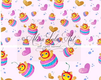 Macaron Cat Seamless Pattern PNG | Kawaii Dessert Tygdesign (Digital Nedladdning)