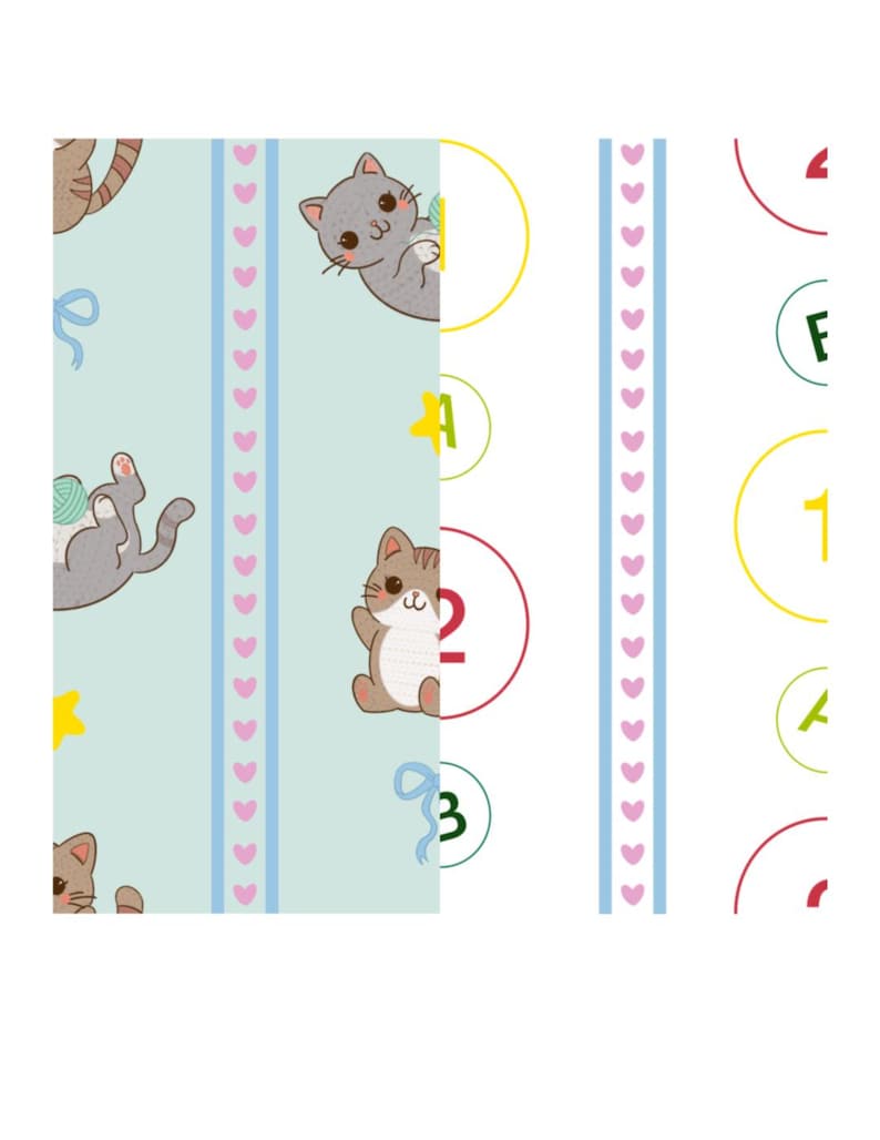 May include: A fabric pattern featuring two distinct vertical sections. The left side is light blue with cartoon cats, yarn balls, yellow stars, and blue ribbons. The right side is white with colorful circles containing numbers and letters.