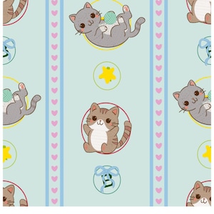 May include: A light blue repeating pattern featuring cartoon cats, yellow stars, and blue bows. Some cats are gray and playing with green yarn balls, while others are brown tabby cats. Vertical stripes of pink hearts separate the cat motifs.