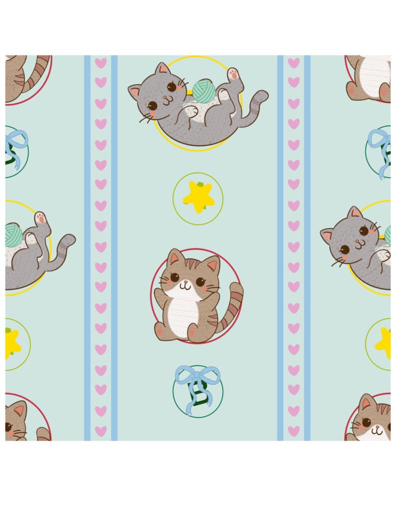 May include: A light blue repeating pattern featuring cartoon cats, yellow stars, and blue bows. Some cats are gray and playing with green yarn balls, while others are brown tabby cats. Vertical stripes of pink hearts separate the cat motifs.
