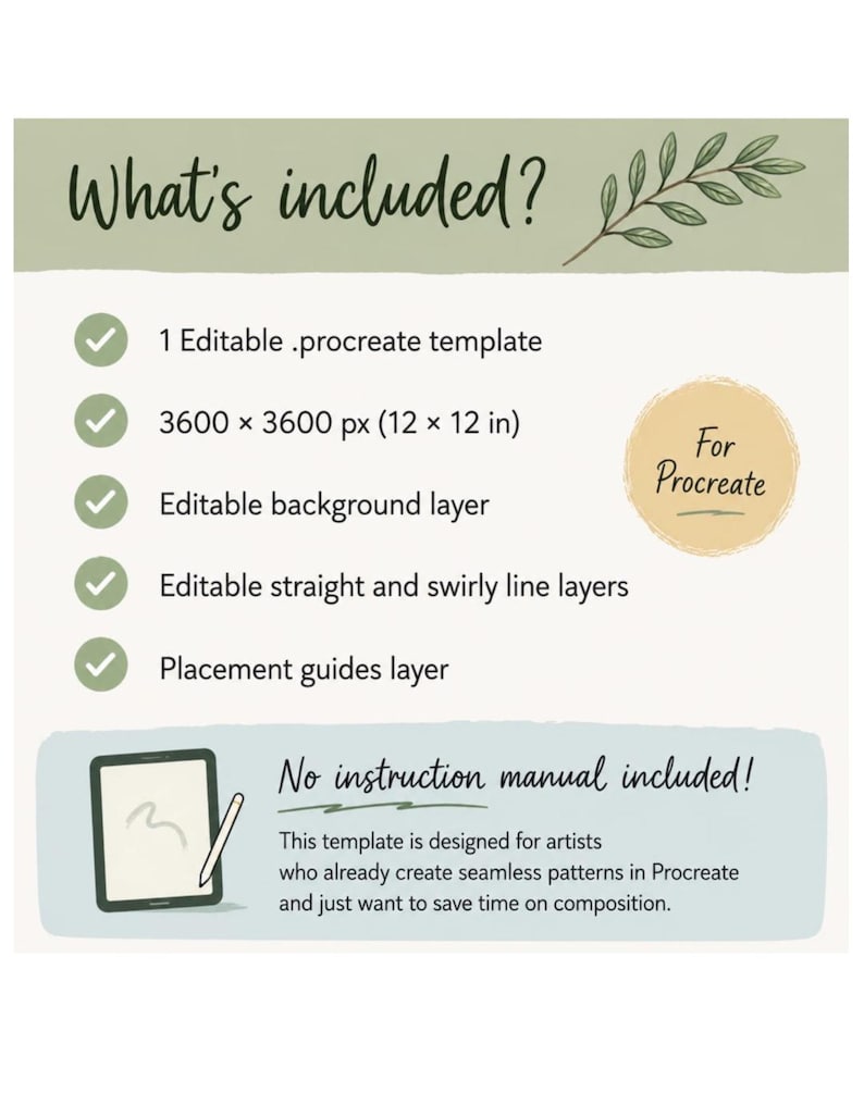 May include: A digital product information graphic titled What's included? listing features for a Procreate template: 1 editable .procreate template, 3600 x 3600 px (12 x 12 in), editable background, straight and swirly line layers, and placement guides.