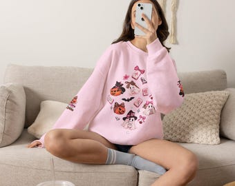Pink Embroidered Halloween Crewneck Sweatshirt | Dogs, Pumpkins, Bats (50/50 Cotton-Poly Fleece)