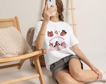 Not Cute to Spook Halloween T-Shirt | Pastel Ghosts, Pumpkins, Cat (100% Cotton)