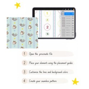 May include: A digital tablet displaying a Procreate interface with a layer panel and a seamless pattern featuring brown cats, blue bows, and yellow stars on a light blue background. Text instructions read: 1 Open the procreate file, 2 Place your elements using the placement guides, 3 Customize the lines and background colors, 4 Create your seamless pattern.