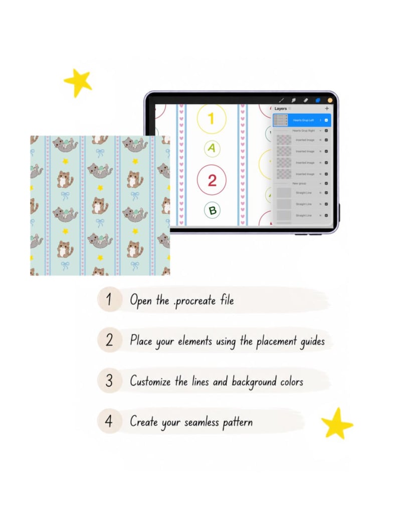 May include: A digital tablet displaying a Procreate interface with a layer panel and a seamless pattern featuring brown cats, blue bows, and yellow stars on a light blue background. Text instructions read: 1 Open the procreate file, 2 Place your elements using the placement guides, 3 Customize the lines and background colors, 4 Create your seamless pattern.