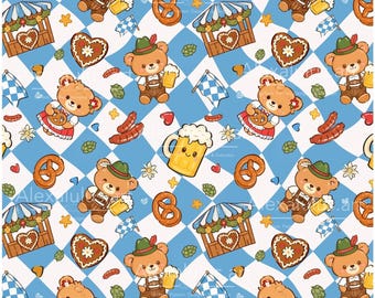Oktoberfest Teddy Bear Seamless Pattern, Bavarian Fashion Fabric, Beer Pretzel Digital Download