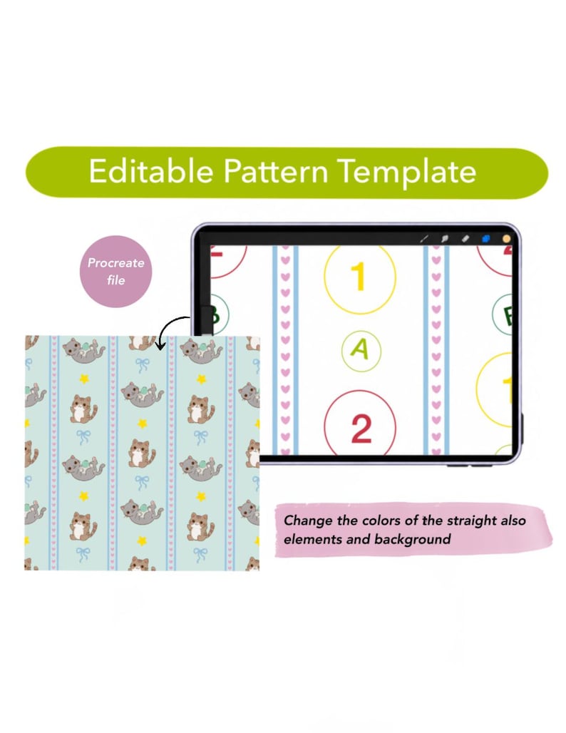 May include: An editable pattern template featuring a light blue background with repeating brown cats, blue bows, and yellow stars. A tablet displays a grid with numbers and letters, and text reads Editable Pattern Template and Procreate file.