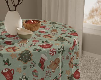Christmas Cookies Pattern Tablecloth | Holiday Trees Stockings Candy Canes