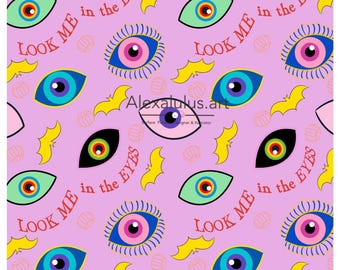 Spooky Eyes Halloween Seamless Pattern, Pink Pop-Art Eyeballs, Bats (Digital Download)