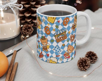 Oktoberfest Teddy Bears Mug | Bavarian Pretzels, Beer & Sausage Pattern