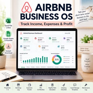 Könnte beinhalten: Ein Laptop-Bildschirm zeigt ein Airbnb Business OS-Dashboard mit Finanzkennzahlen, Diagrammen und Grafiken. Die Benutzeroberfläche enthält Bereiche für Gesamteinnahmen, Ausgaben, Nettogewinn und Auslastungsraten sowie Symbole für Excel und Google Sheets.