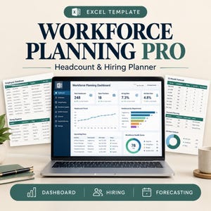 May include: An Excel template for workforce planning displayed on a laptop screen, featuring a dashboard with headcount, hiring, and attrition data. Two printed documents show employee databases and 12-month forecasts with charts.
