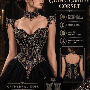 May include: A black corset featuring intricate beadwork, red and blue gemstone accents, and a matching detachable beaded collar. The text reads: SEW YOUR OWN GOTHIC COUTURE CORSET, DETACHABLE BEADED COLLAR, SIZES S-XXL, A0 + A4 PDF PATTERNS, DIGITAL SEWING PATTERN, CATHEDRAL NOIR.