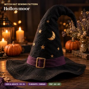 Patrón de costura para sombrero de bruja torcido, con ala reforzada, acolchado, ideal para disfraz de Halloween (PDF)