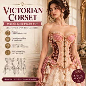 May include: A digital sewing pattern PDF for a Victorian corset. The image displays text including VICTORIAN CORSET, Digital Sewing Pattern PDF, and S M L XL XXL. The corset features a strapless overbust silhouette, ornate embroidery, lace, satin, velvet, and pearl accents with structured boning. It includes a line drawing of the front and back of the garment.