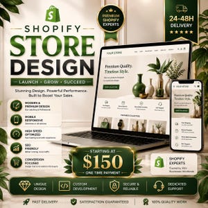 May include: A digital advertisement for Shopify store design services featuring a laptop and smartphone displaying a website with home decor products. The graphic includes text such as Shopify Store Design, Starting at $150, and lists service features.