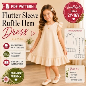 Patron de couture PDF pour robe à manches papillon et ourlet à volants pour filles | Robe boutonnée au dos | Robe d'été | Niveau débutant | 2-16 ans