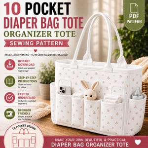 Peut inclure: Un sac fourre-tout blanc à petit motif floral, doté de dix poches extérieures, de deux anses et d'une base rectangulaire. Le sac est présenté avec du texte pour un patron de couture de sac organisateur à 10 poches.
