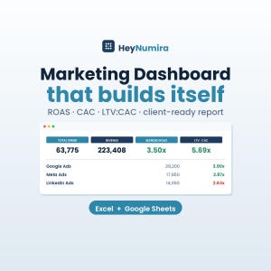Marketing Performance Dashboard Excel Template | ROAS CAC ROI Tracker | Digital Marketing Report Spreadsheet | Google Sheets