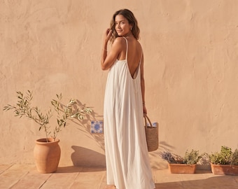 Maxikleid aus Leinenmischung mit offenem Rücken und Spaghettiträgern | Boho-Sommerkleid