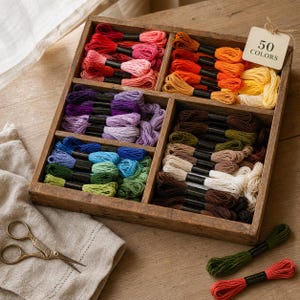 May include: A wooden organizer box containing 50 colors of embroidery floss skeins, each secured with a black paper band. The box is divided into four sections, organized by color family. A pair of antique-style metal scissors lies nearby.