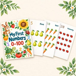 Peut inclure: Un ensemble de cartes éducatives intitulé My First Numbers 0-100 avec des illustrations colorées de lapin, tortue, tournesol, coccinelle, fraise, tomate, carottes et poires, avec des chiffres et des mots imprimés en bleu, orange et vert.