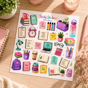 Peut inclure: Une planche d'autocollants intitulée Study Stickers présentant diverses illustrations dont un réveil rose, un ordinateur portable, une trousse violette, une gourde, des carnets, des post-its, une calculatrice, une lampe et un gobelet Study Fuel.