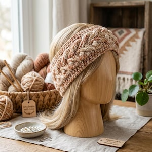 Può includere: Una fascia all'uncinetto con motivo a treccia in tonalità variegate di beige, marrone chiaro e crema. La fascia è esposta su una testa di manichino in legno. Il filato è una miscela di lana spessa e testurizzata con un design intrecciato.